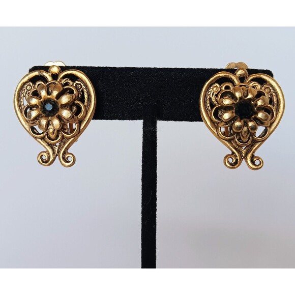 Vintage Unsigned Goldtone Black Rhinestone Lyre Heart Clip On Earrings 1.25 in - Picture 2 of 9